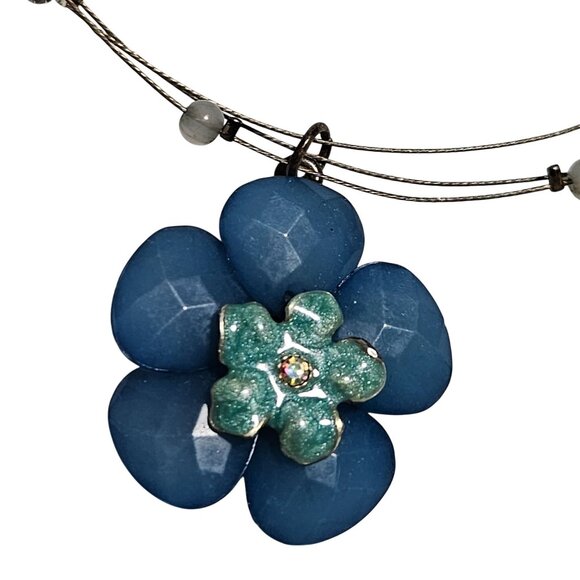 Vintage Blue Floral Pendant Black Glass Beaded Multi Strand Wire Necklace Women - Picture 2 of 6